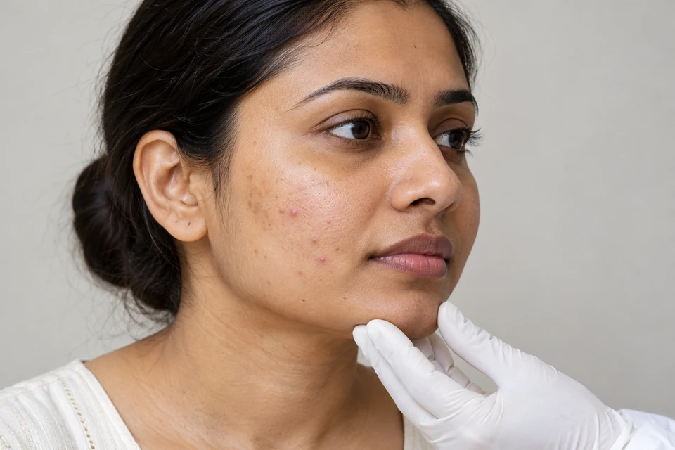Skin assessment showing natural acne marks and texture