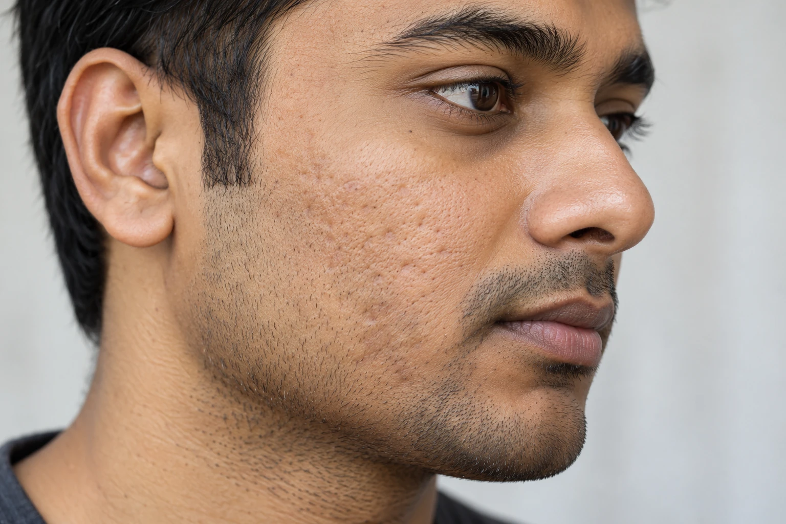 Side view of a man’s cheek and jaw showing acne marks and textured skin