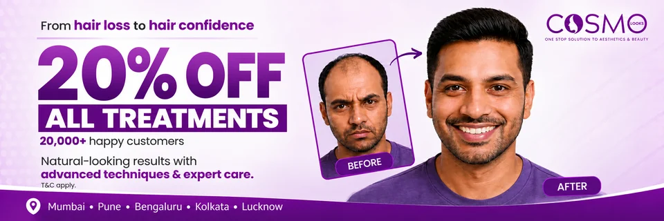 From hair loss to hair confidence. 20% off all treatments. 20,000+ happy customers. Natural-looking results with advanced techniques and expert care. T&C apply. Clinics in Mumbai, Pune, Bengaluru, Kolkata and Lucknow.
