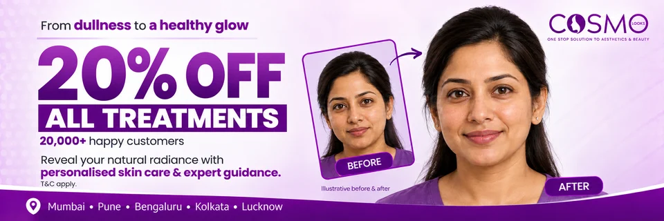 From dullness to a healthy glow. 20% off all treatments. 20,000+ happy customers. Reveal your natural radiance with personalised skin care and expert guidance. T&C apply. Clinics in Mumbai, Pune, Bengaluru, Kolkata and Lucknow.