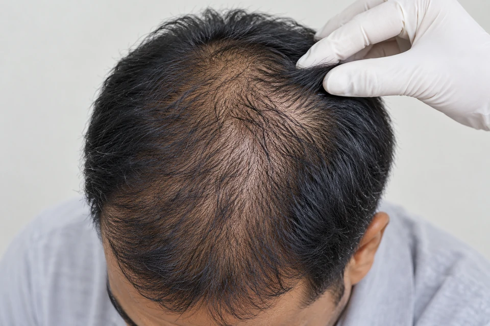 A gloved hand parts a man’s hair to examine thinning at the crown during a hair transplant consultation