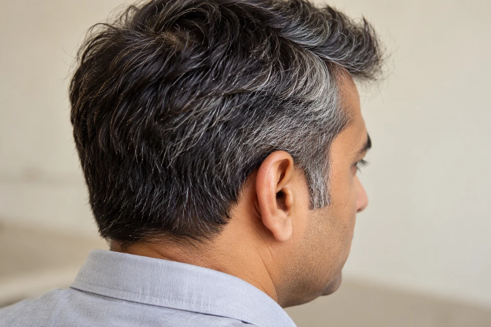 Natural salt-and-pepper hair seen from behind