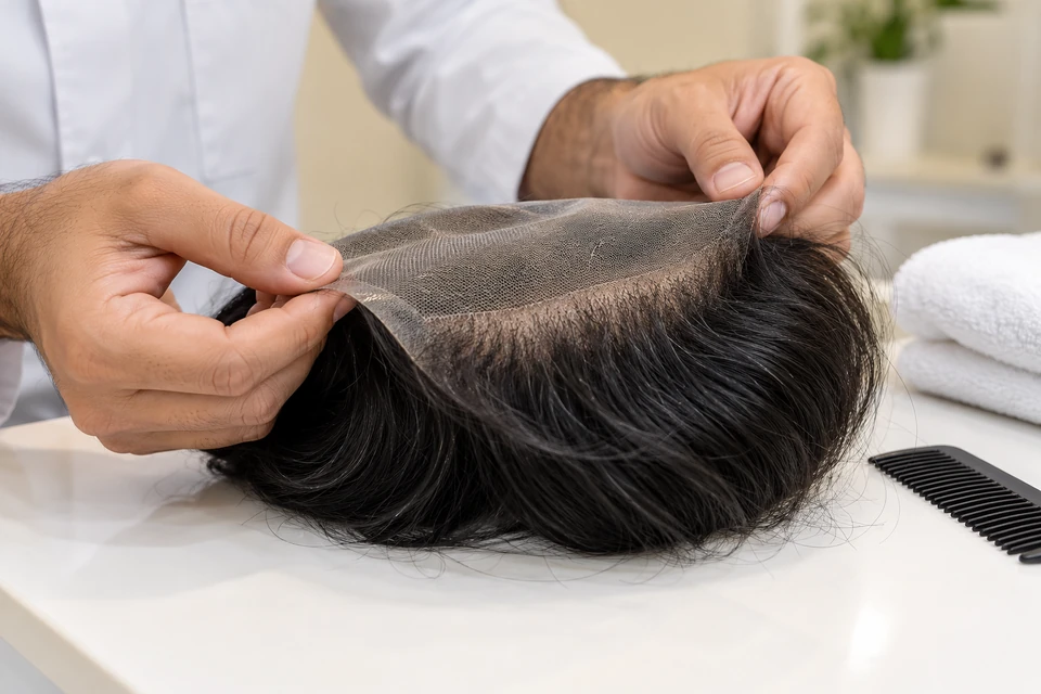 Hands examining the construction of a non-surgical hair system
