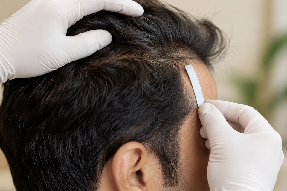 A man’s hairline being examined with gloved hands