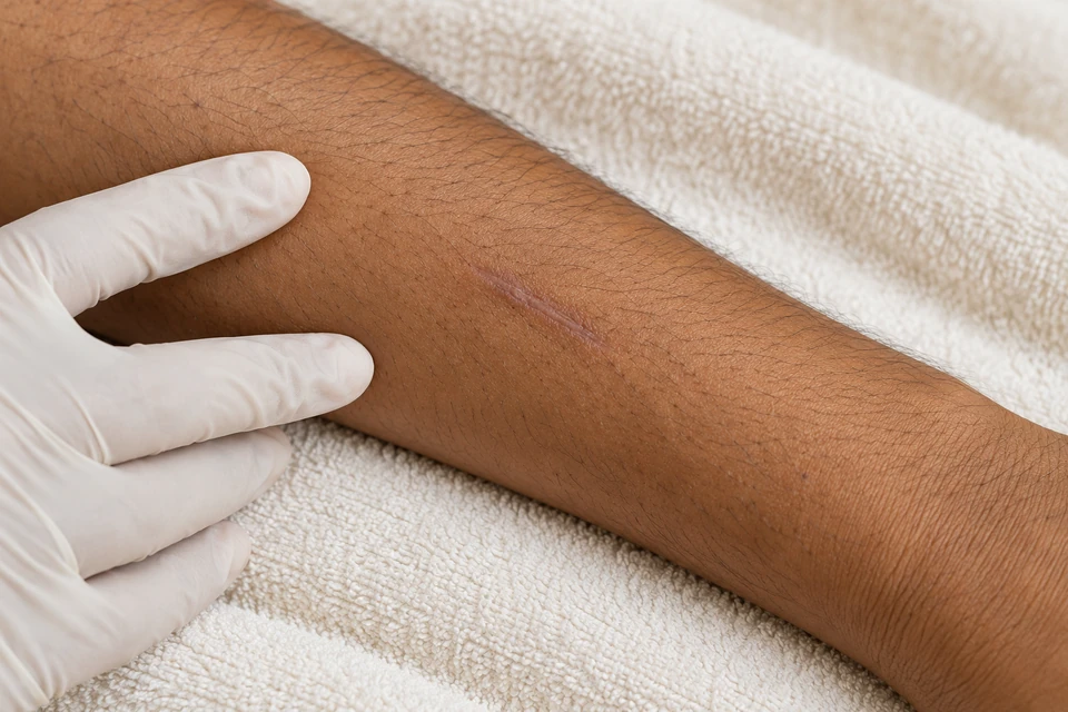 A small healed linear scar on medium-brown forearm skin
