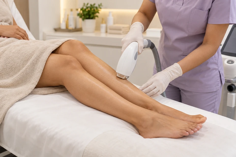 Hands positioning a laser hair-reduction handpiece near the lower leg
