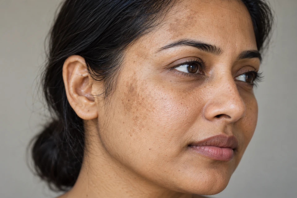Natural pigmentation and texture on an Indian woman’s cheek