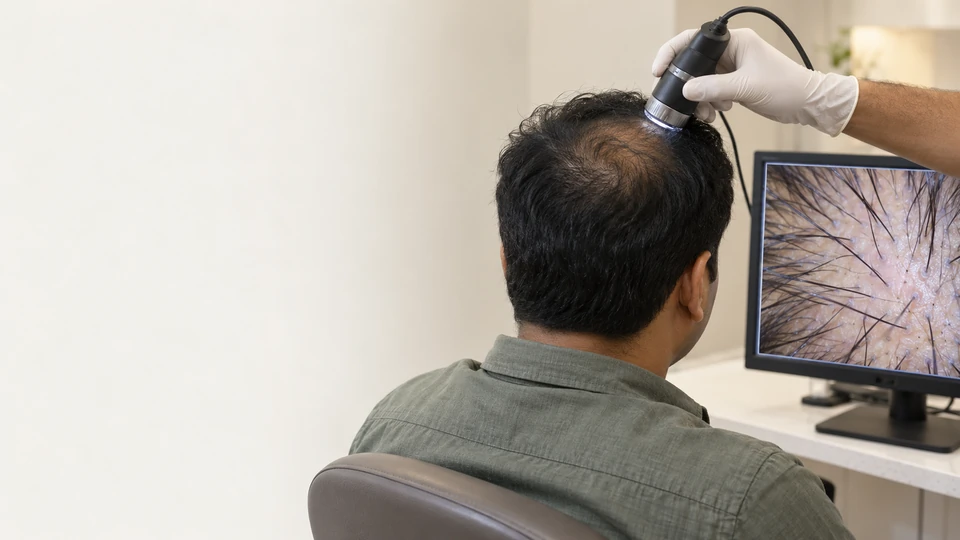 A specialist examines a patient’s scalp with a handheld imaging device, magnified on a monitor