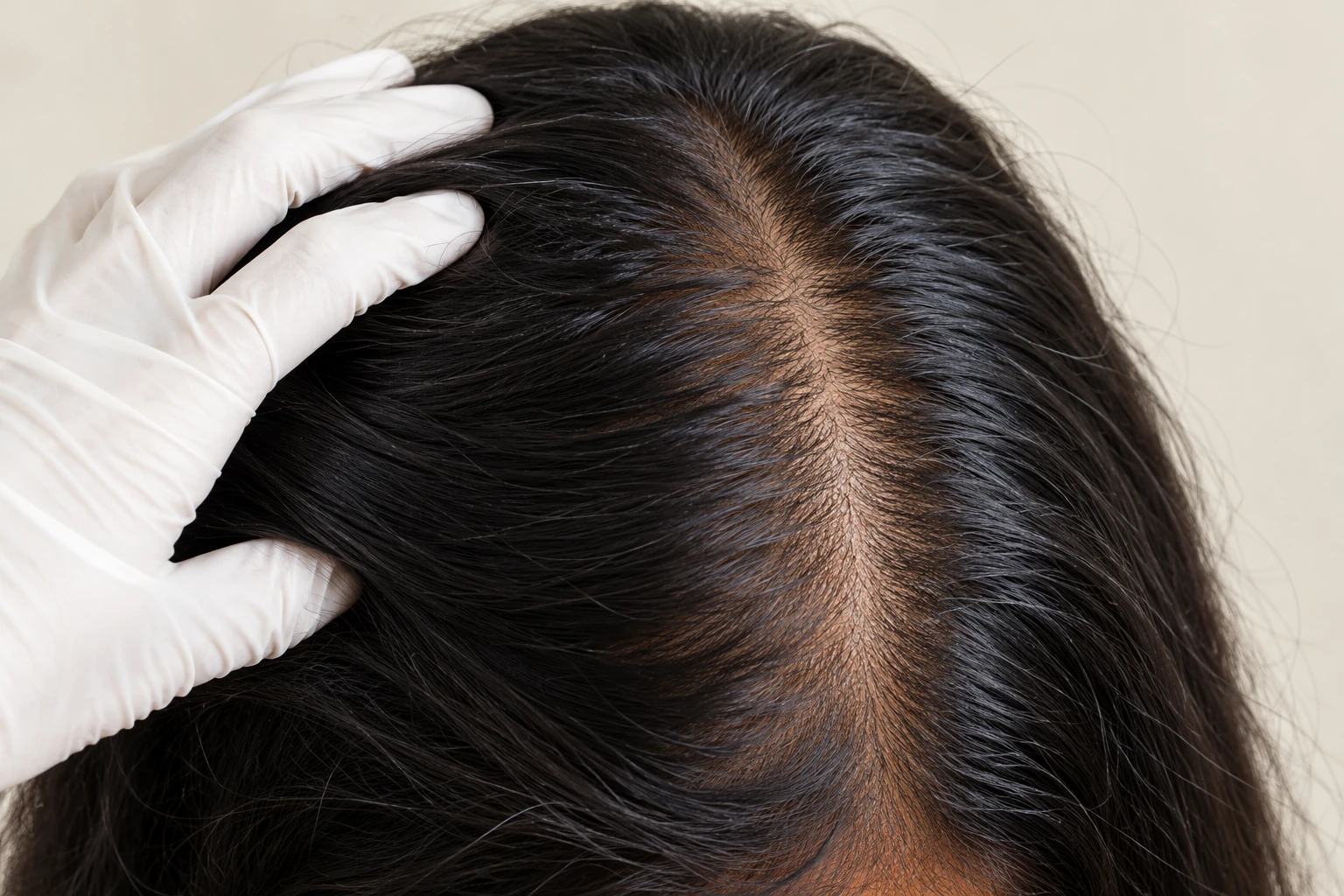 Gloved hands parting dark hair to show the scalp along the centre parting