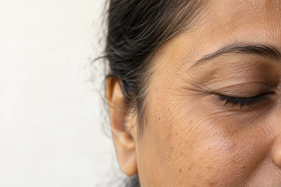 Natural fine lines and skin texture around a closed eye and temple