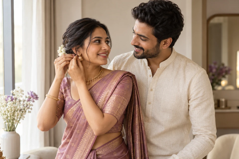 Indian couple preparing for a wedding celebration